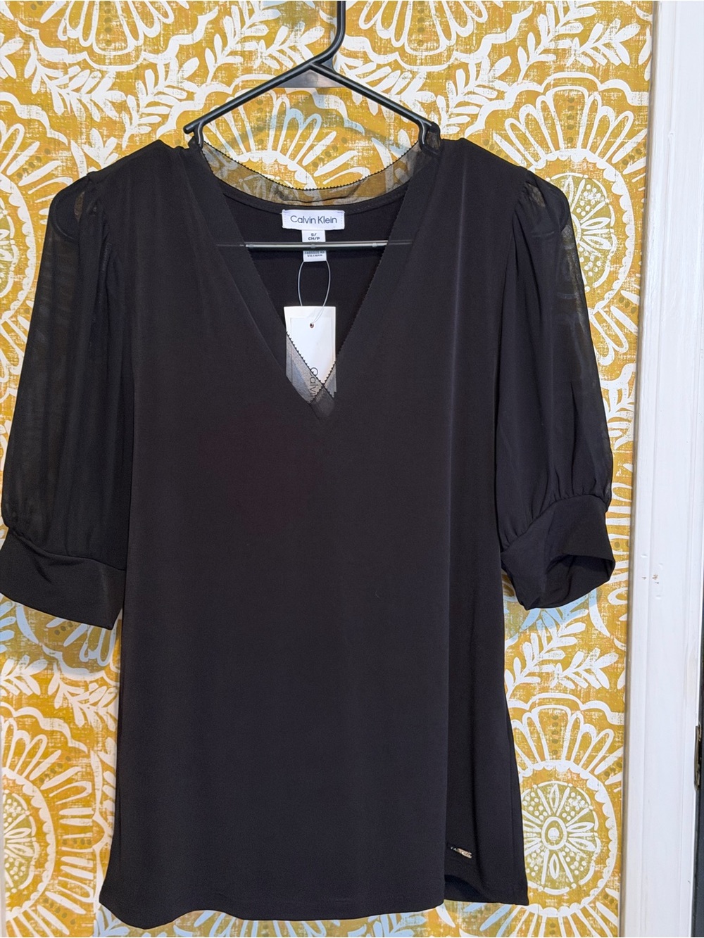 Calvin Klein Black V-Neck Puff Sleeve Blouse